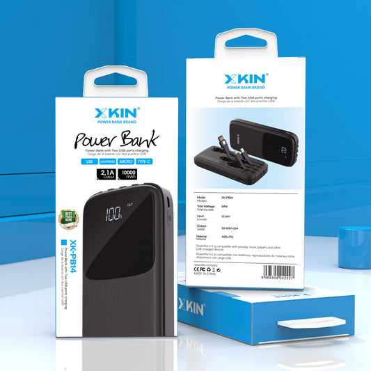 XKIN POWER BANK 10000mAh WITH 4 CABLES OUT PUT CHARGING AND 1 USB, LIGHTNING, MICRO, AND TYPE IS OUTPUT PORT